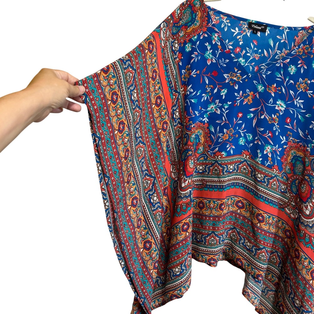 Tolani Collection 100% Silk Briyana Top Poncho Floral Geometric Print Size L - Picture 4 of 5